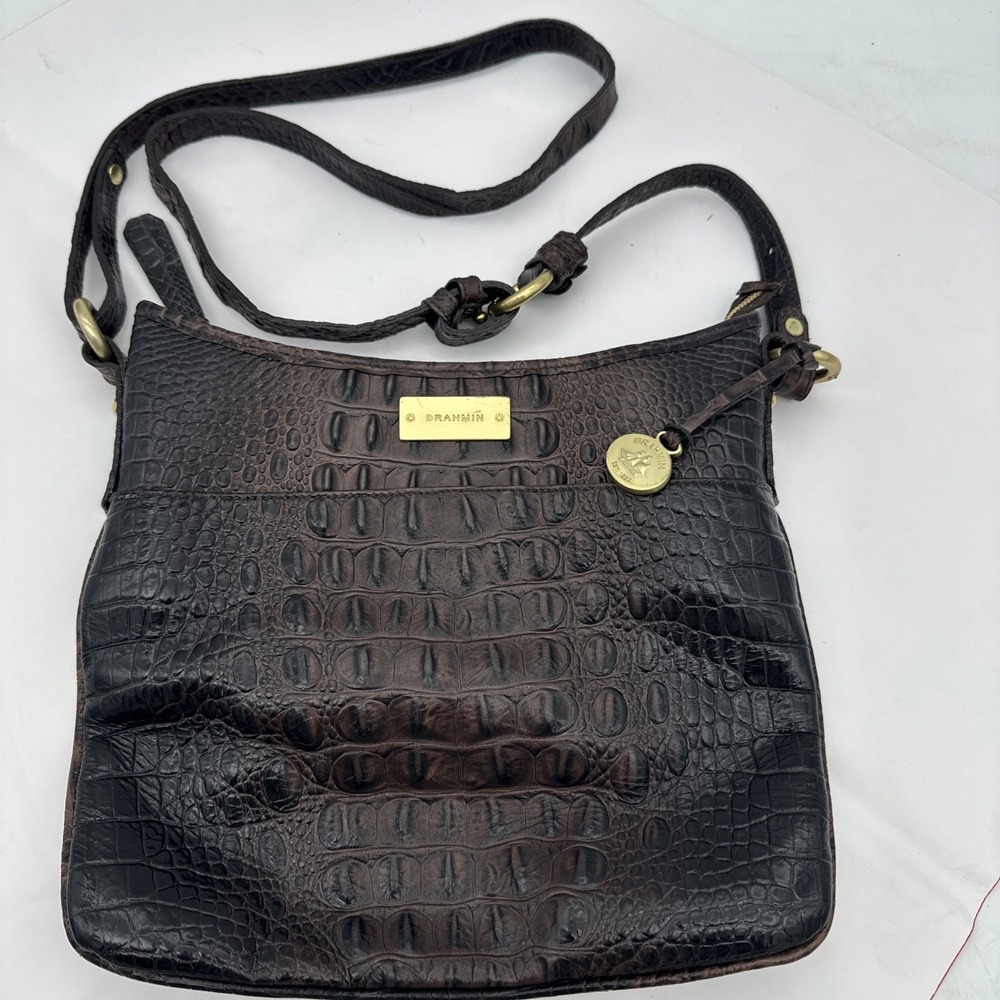 Brahmin Brown Crocodile Pattern Crossbody Bag Adjustable Strap 10.5"x9 EUC